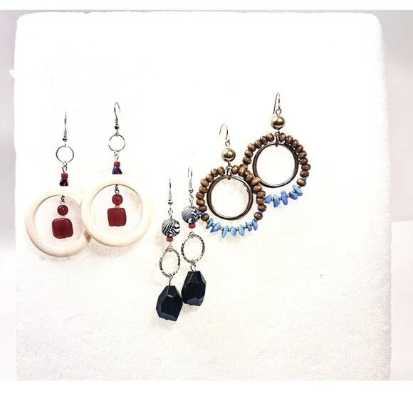 Set of Handcrafted Earrings Black Crystal drops Hoops w/ Gemstone Accents 2 inch - Picture 4 of 8